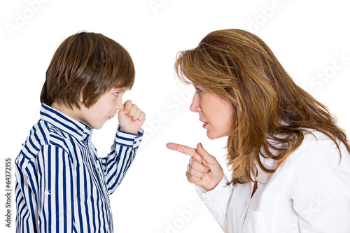 Fényképezés notorius kid. Boy having argument with mother white background