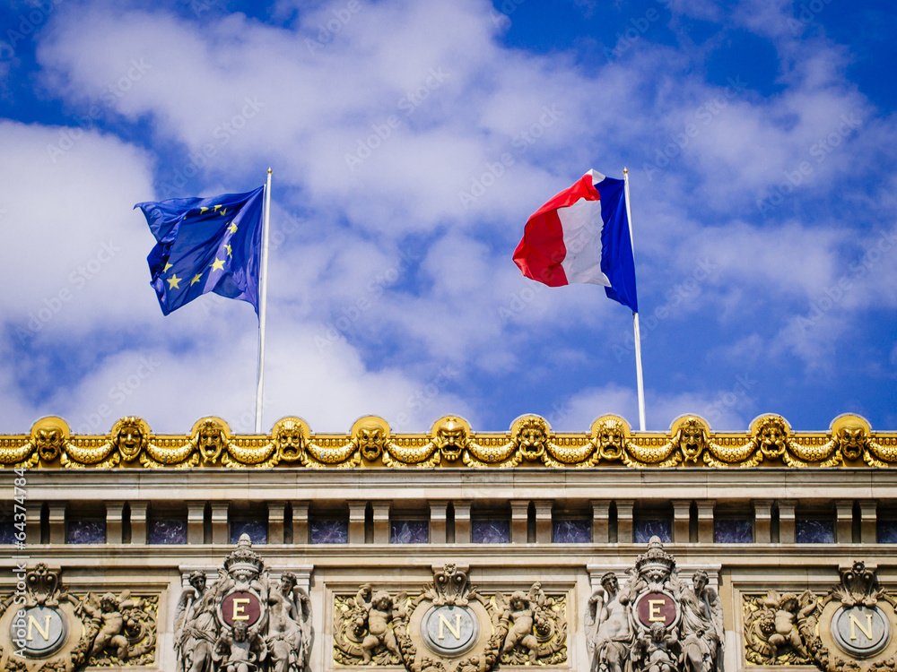 Eurpoean Union and the French flag on top of the Palace Garnier