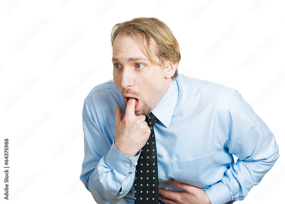 Puking. Business man about to vomit, throw up Puking. Business man about to vomit, throw up