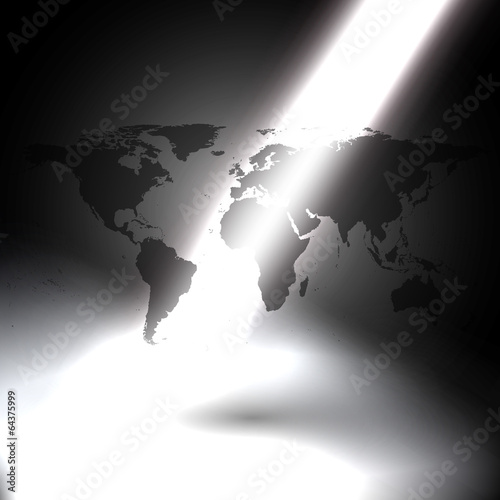 world map in the rays of light on gray background
