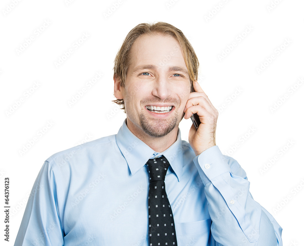 Portrait happy businessman having phone conversation Portrait happy businessman having phone conversation