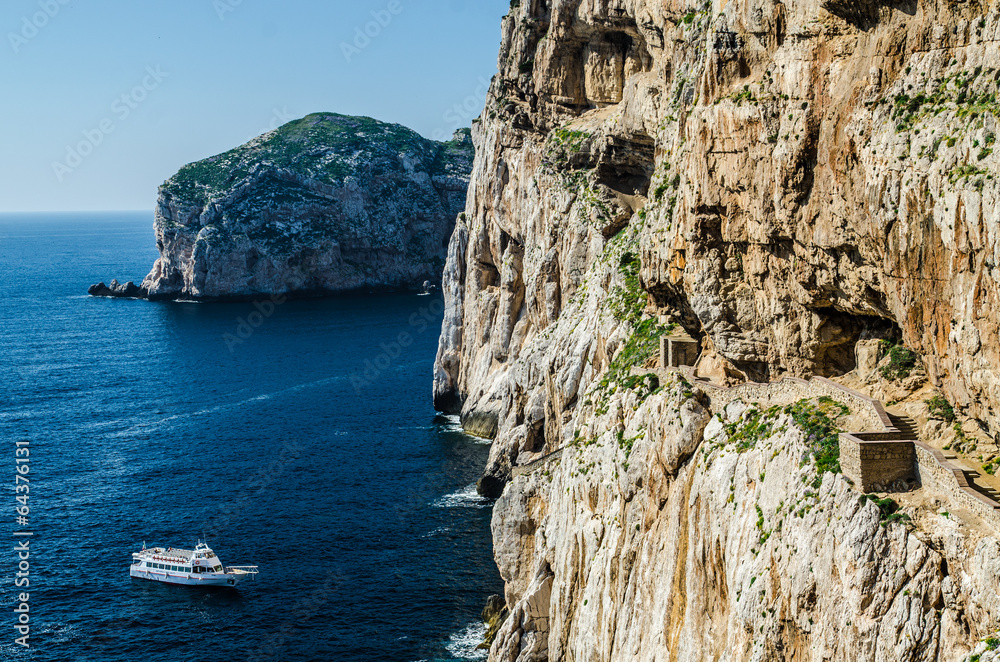Yacht and Stairways in Capo Caccia, Sardinia, Italy