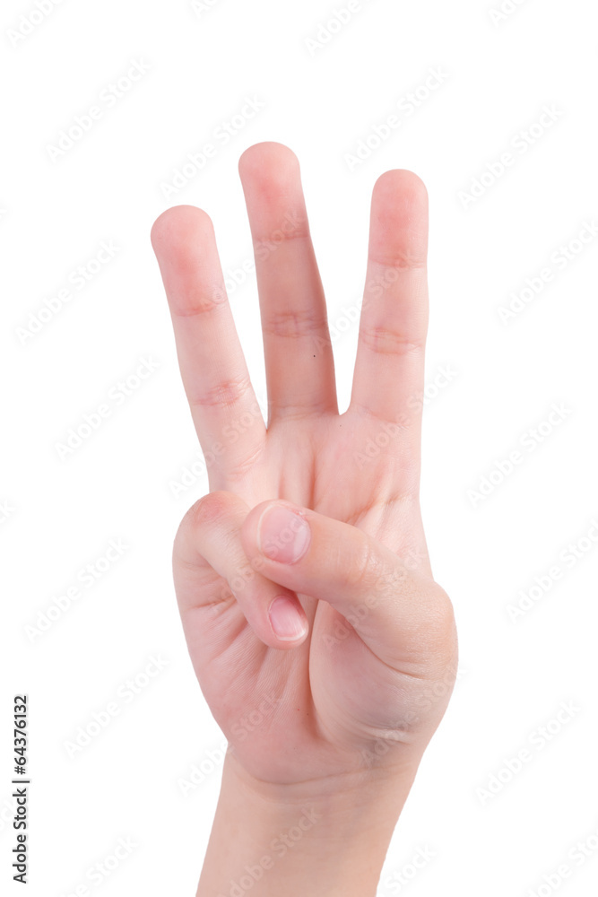 small hand simulating showing number three sign. Isolated on whi small hand simulating showing number three sign. Isolated on whi