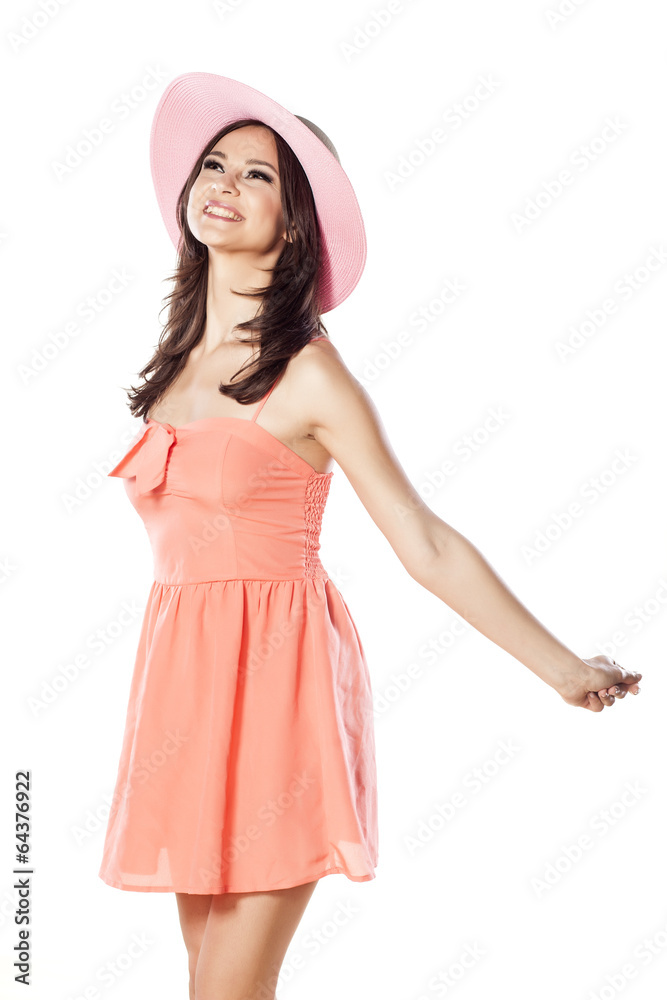 happy girl with a hat in a short dress happy girl with a hat in a short dress