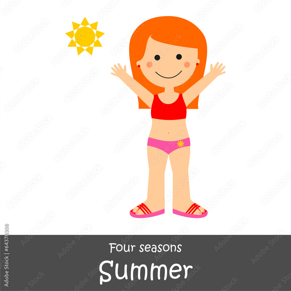 Niña pelirroja con traje de baño en verano. Ilustración vectorial