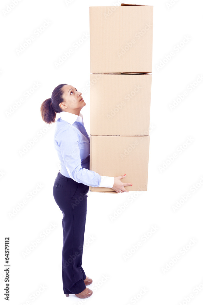 Businesswoman carrying card boxes, isolated on white Businesswoman carrying card boxes, isolated on white