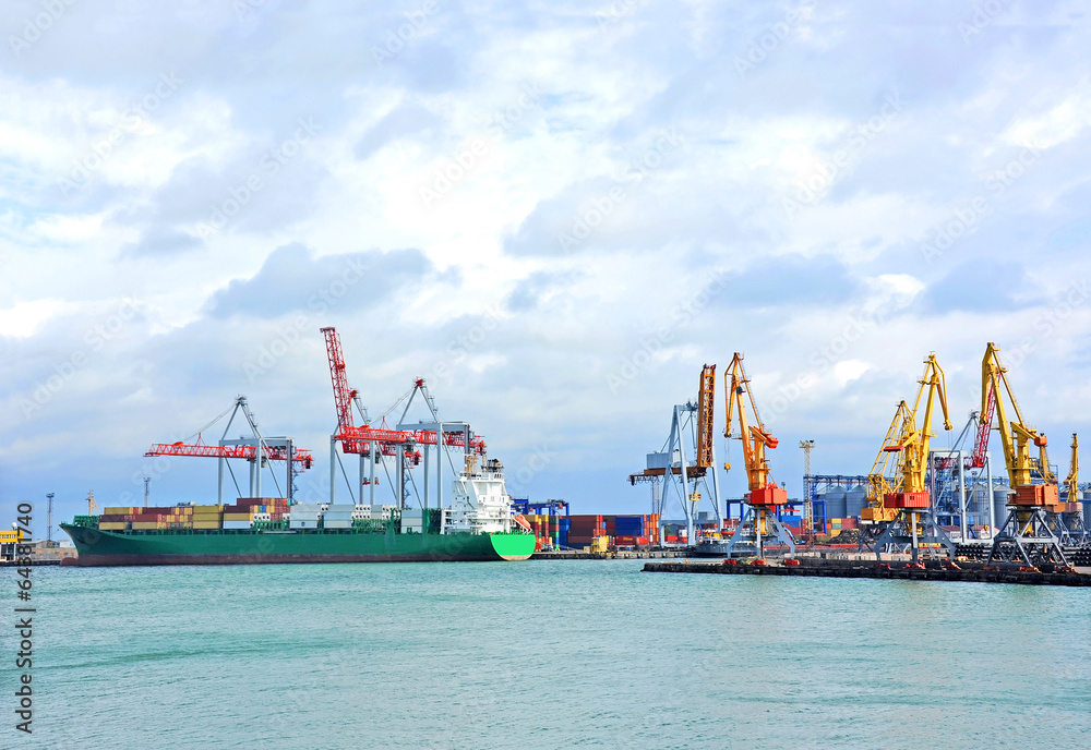 Container stack and ship under crane bridge Container stack and ship under crane bridge