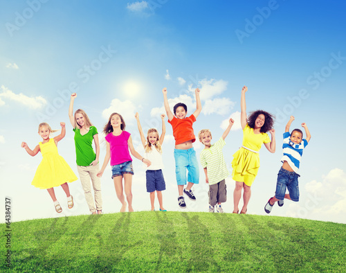 Cheerful Children and Women Raising Their Arms