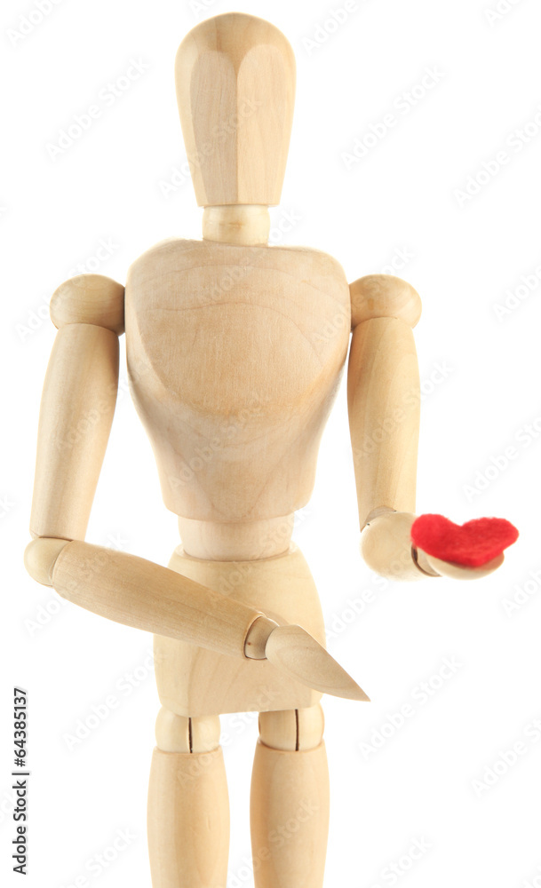 Wooden mannequin holding red heart isolated on white Wooden mannequin holding red heart isolated on white