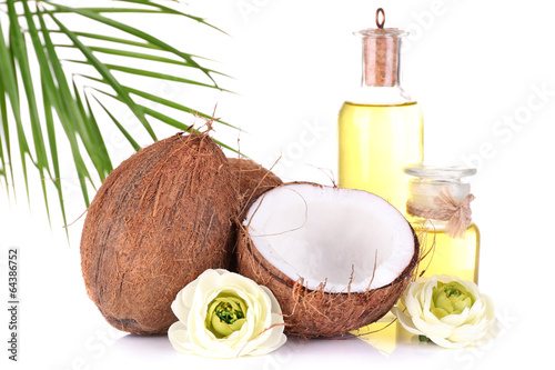 Coconuts and coconut oil, isolated on white