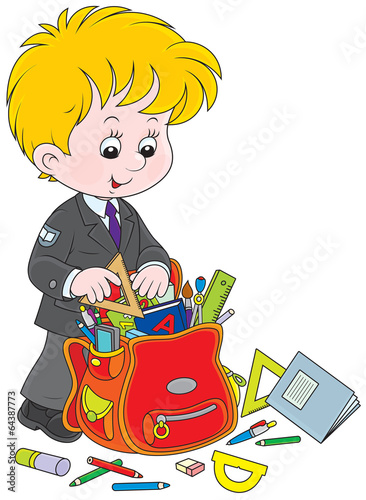 Schoolboy competing his satchel before school