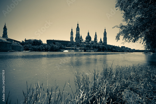 Retro photo of Cathedral and Ebro river in Zaragoza © JackF