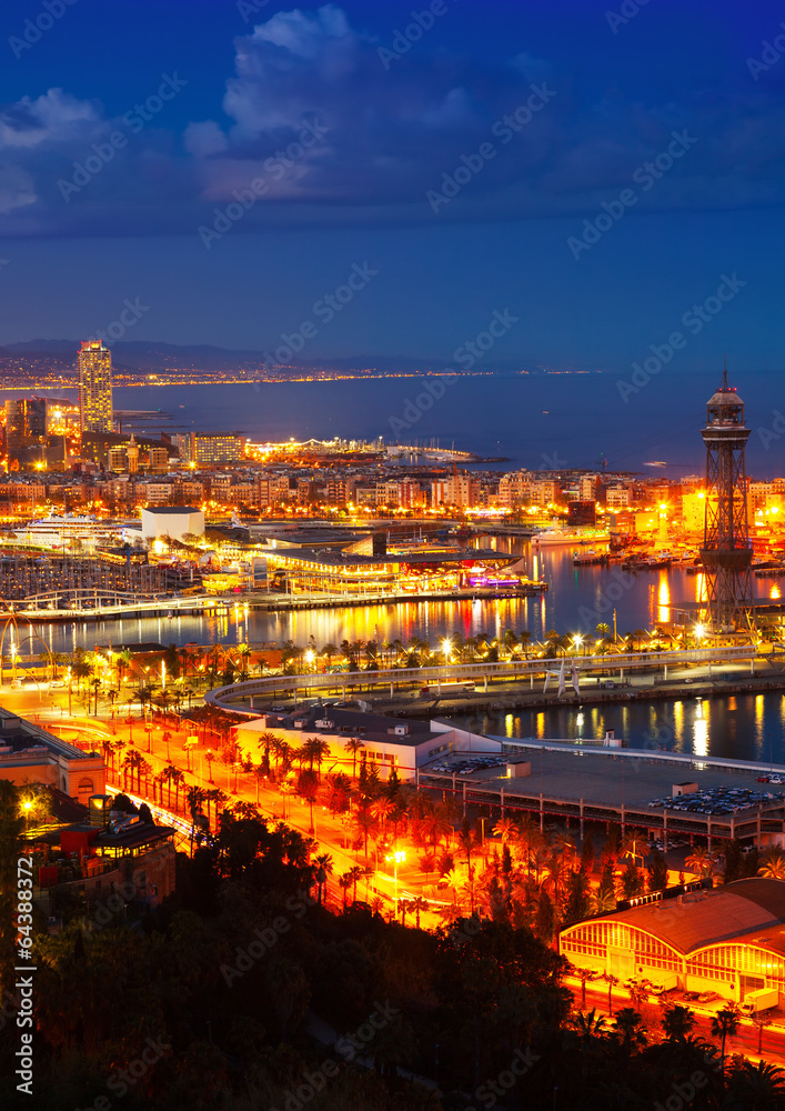  Port Vell and Barcelona  in night. Catalonia