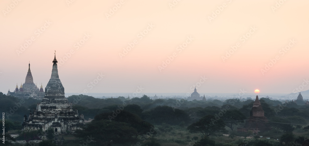 Bagan plains of ancient temples at sunrise, Myanmar
