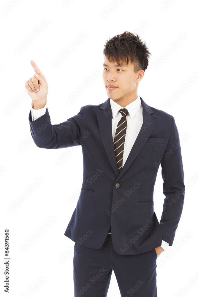 businessman hand and finger touching screen on white background businessman hand and finger touching screen on white background