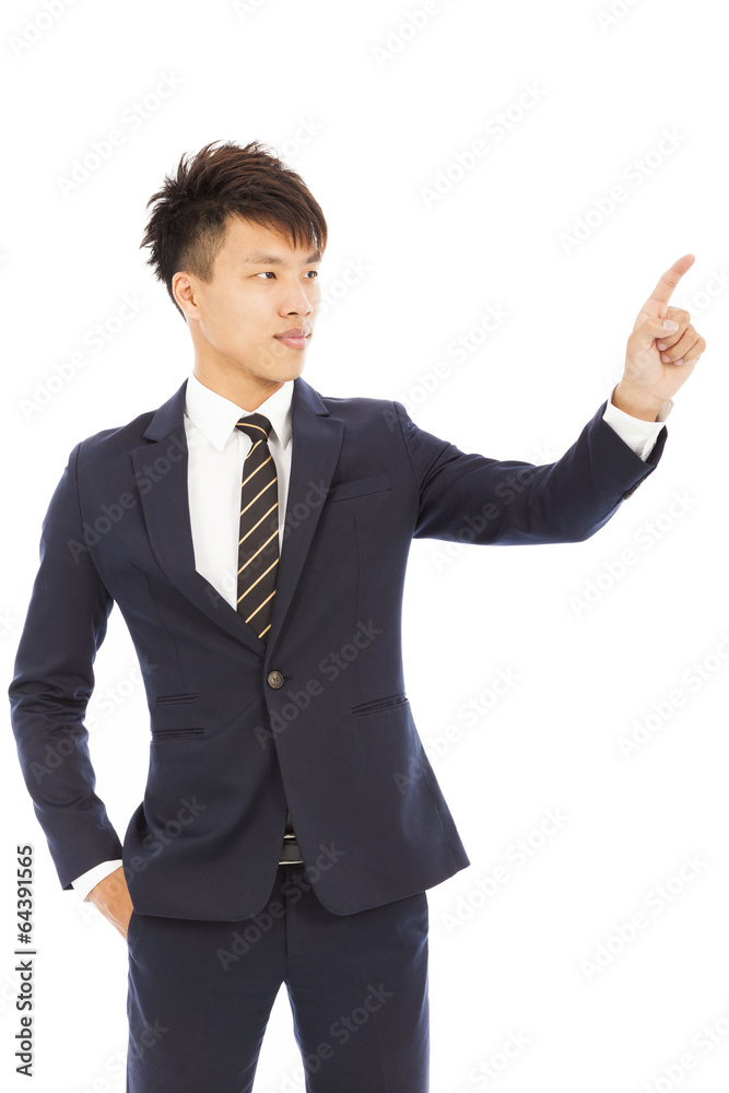 businessman hand and finger touching screen on white background businessman hand and finger touching screen on white background