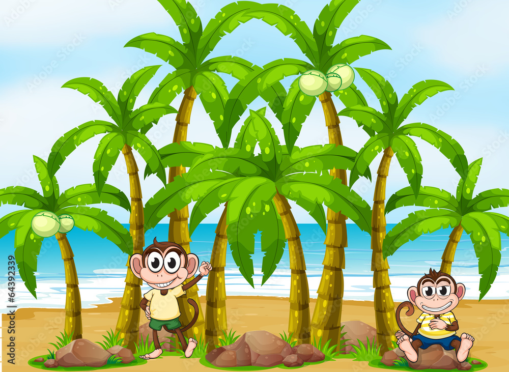 A beach with coconut trees and monkeys