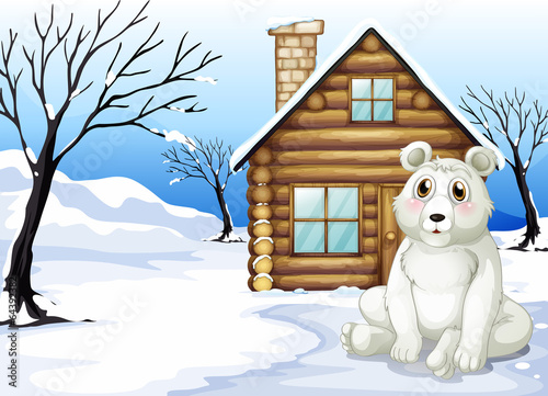 A polar bear outside the wooden house