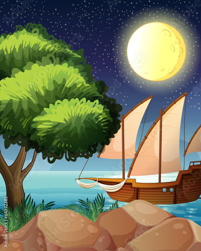 A wooden boat near the tree