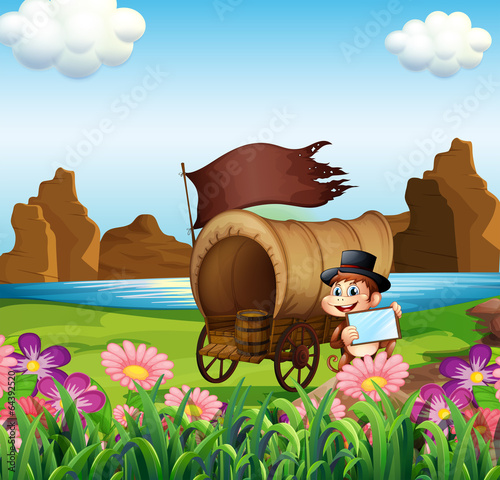 A monkey beside the wagon at the riverbank