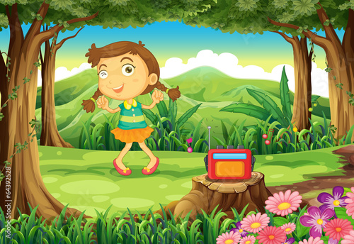 A cute girl dancing in the middle of the woods