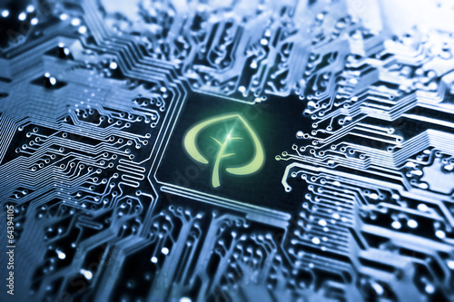 symbol leaf on computer circuit board, Green IT, Green computing photo