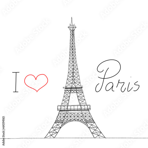 Fototapeta Naklejka Na Ścianę i Meble -  I Love Paris Eiffel Tower Sketch Illustration