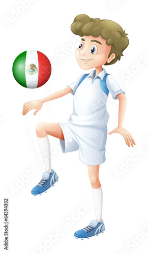 A soccer player using the ball with the flago f Mexico
