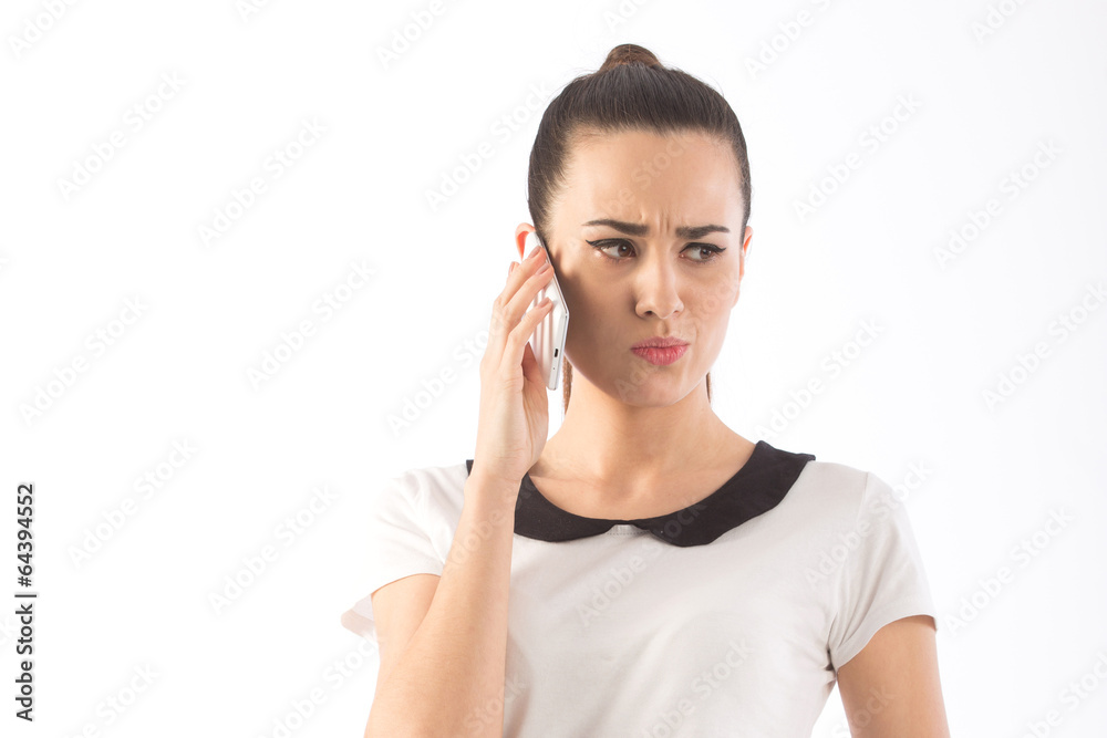 beautiful woman with a phone on white background beautiful woman with a phone on white background