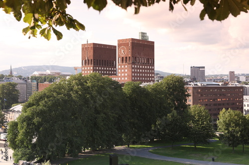 Canvas Print Sundown Park and City Hall (Radhuset), Oslo, Norway