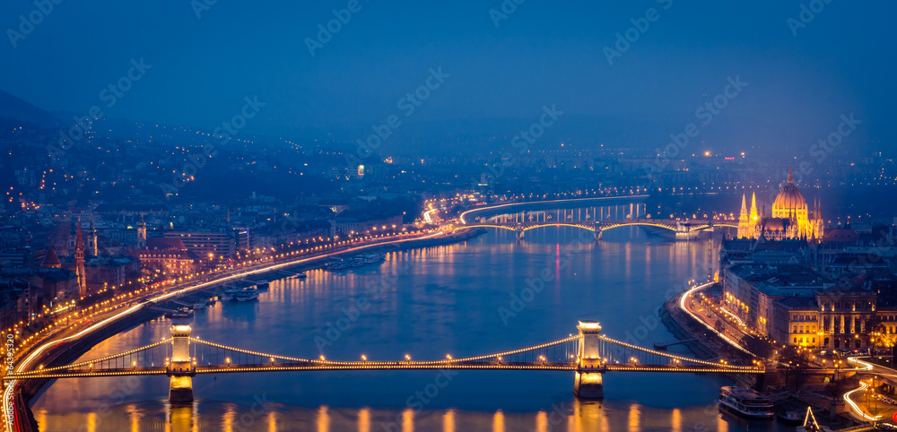 Budapest, night panorama on Danube