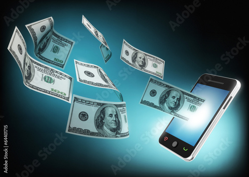 mobile phone and money flying from in the screen