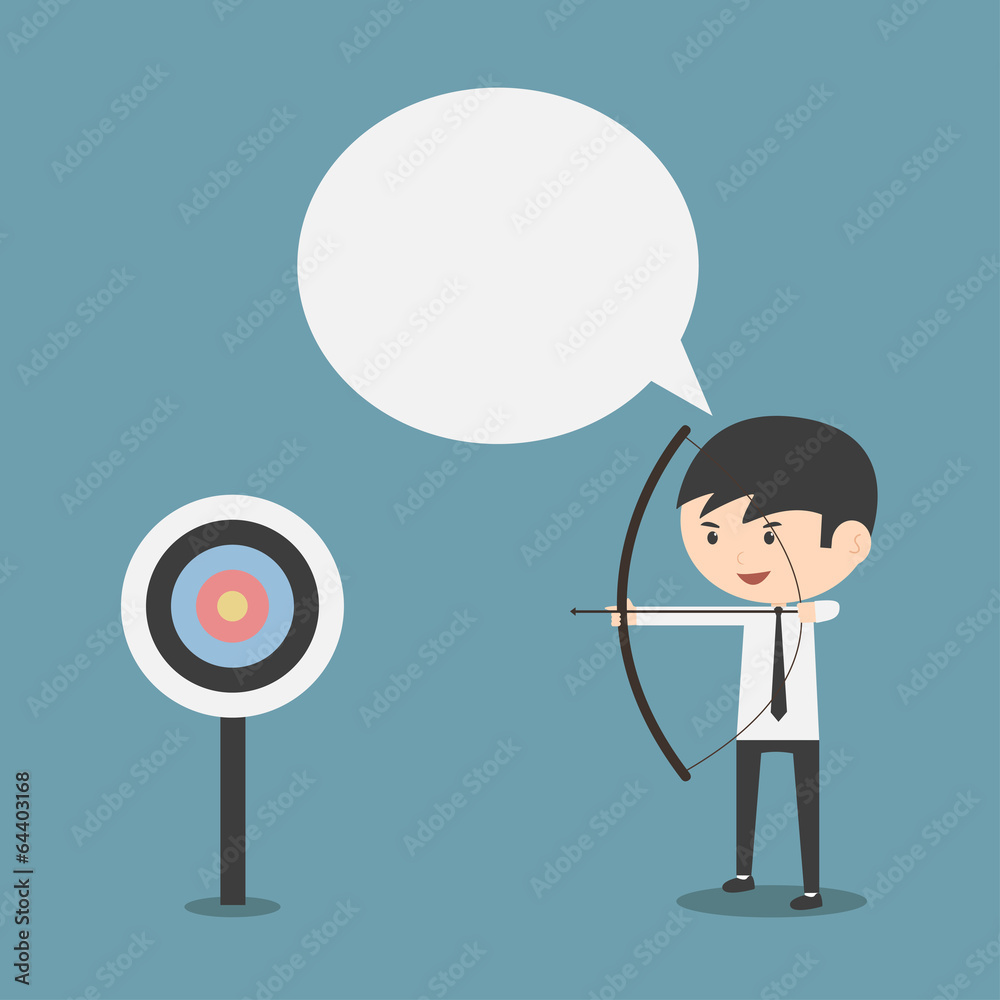 Businessman shooting target with a bow , speech bubble Businessman shooting target with a bow , speech bubble