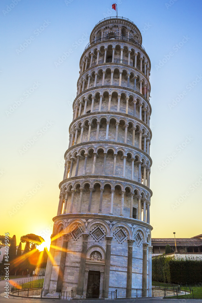 Famous Pisa leaning tower at sunrise