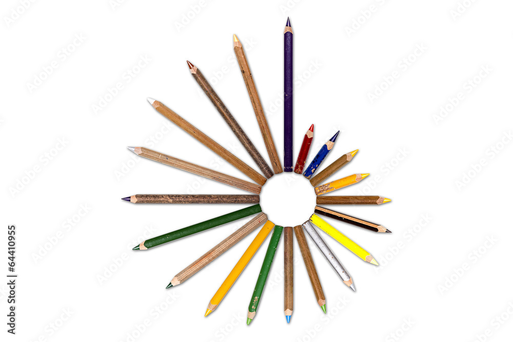 circle of old crayons, tip outside, isolated on white circle of old crayons, tip outside, isolated on white
