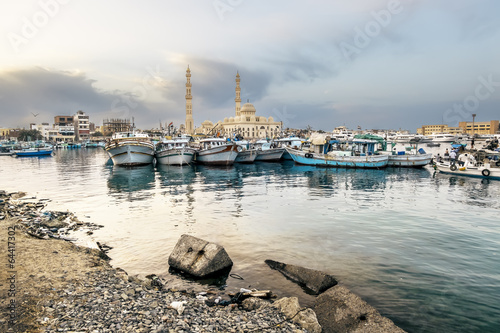 Fishing boats at the port of Hurghada, Hurghada Marina at sunset