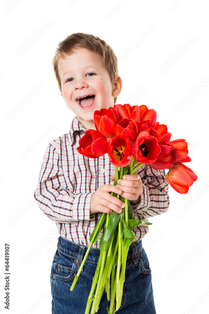 Boy with bouquet of tulips