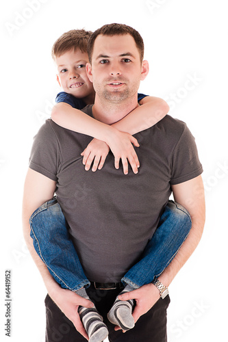 young father with his son on back isolated on white