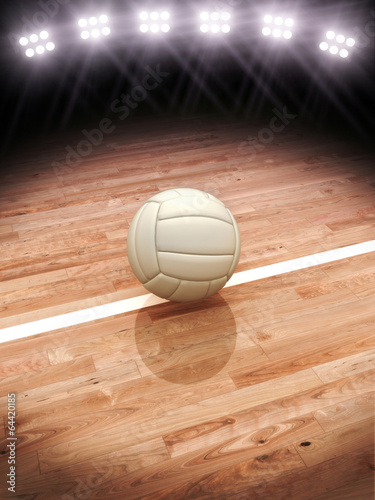 3d rendering of a Volleyball on a court with stadium lighting