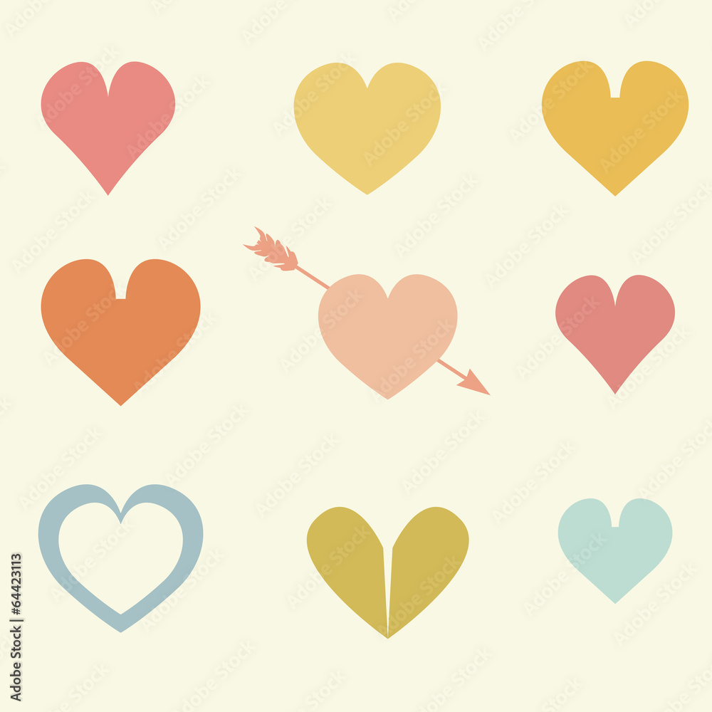 Set of cute colorful drawings of hearts with arrows