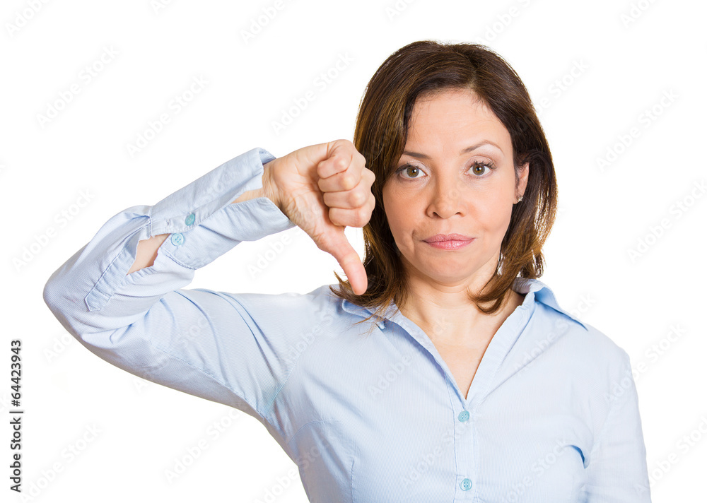 Unhappy woman giving Thumbs down gesture on white background Unhappy woman giving Thumbs down gesture on white background
