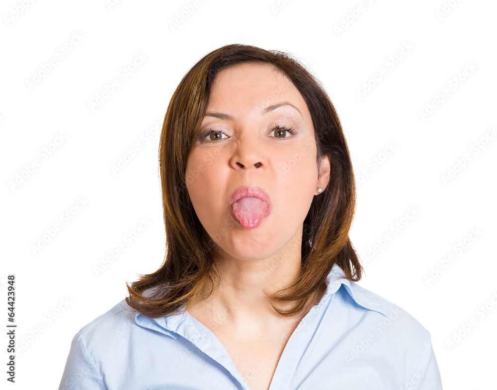 Portrait middle aged woman sticking tongue out Portrait middle aged woman sticking tongue out