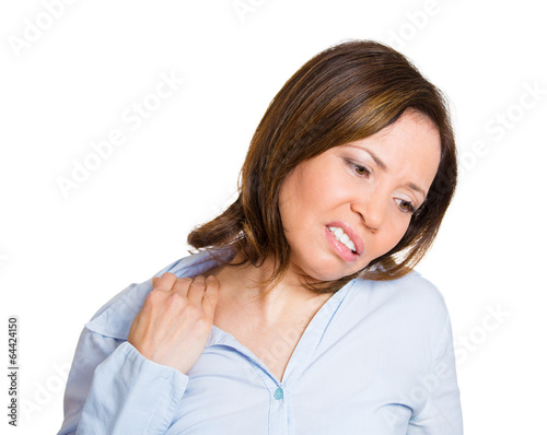 Young business woman having bad neck pain