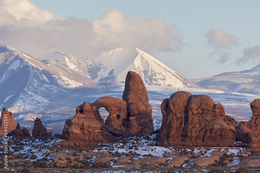 Turret Arch with Snow Mountains, Arches National Park, Utah