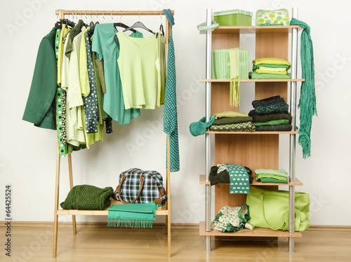 Dressing closet with green clothes arranged on hangers and shelf photo