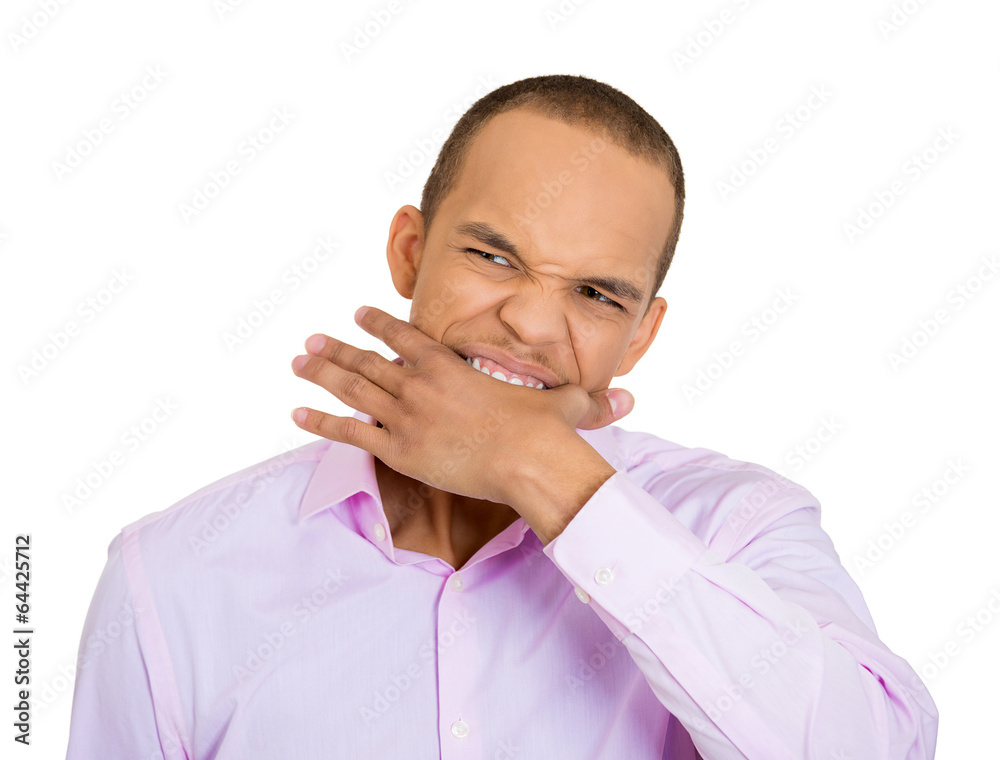 Hand biting. Portrait crazy looking young man going nuts Hand biting. Portrait crazy looking young man going nuts
