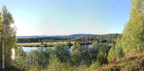 Panoramic view on a river (Halga) in Varmland, Sweden. 
