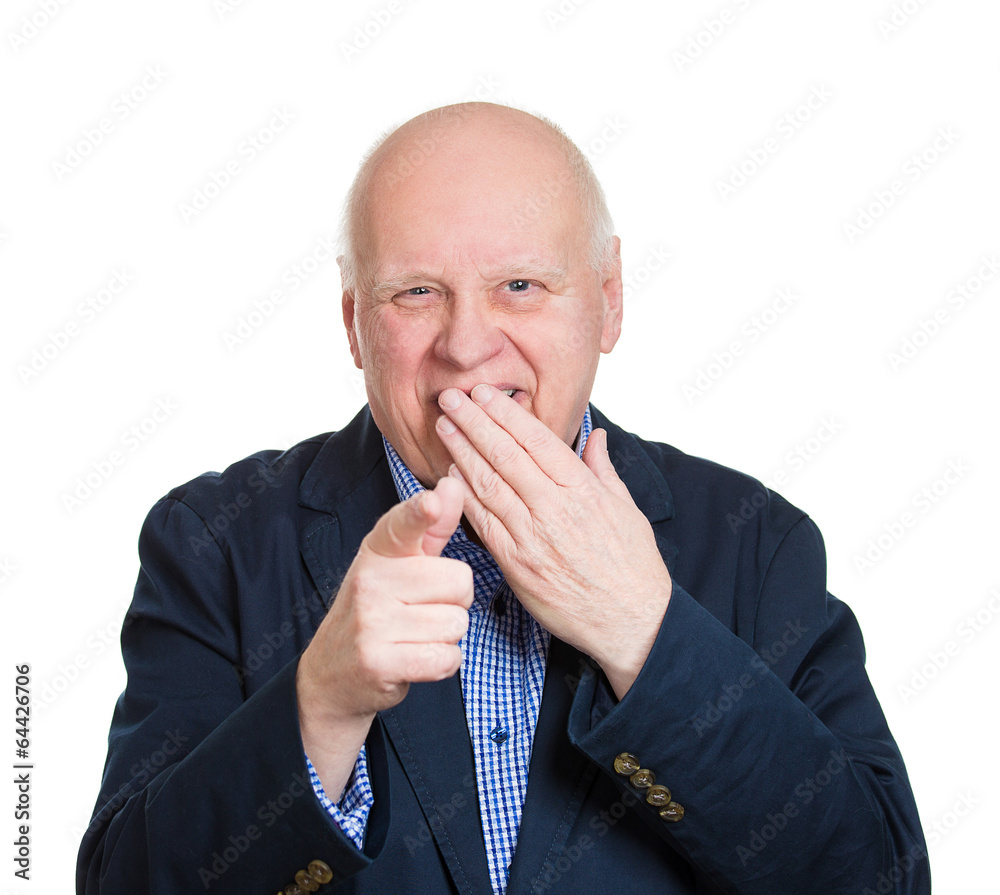 Portrait old, happy man laughing, pointing at someone Portrait old, happy man laughing, pointing at someone