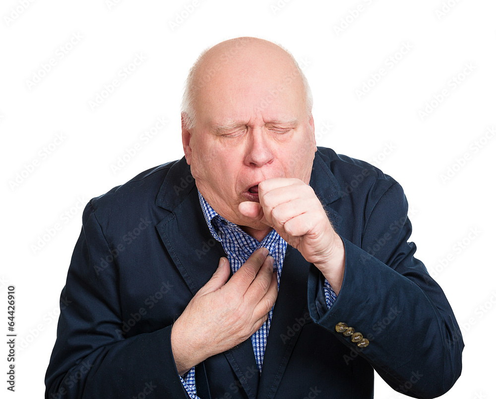 Coughing old man with bronchitis on white background Stock Photo