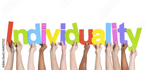 Картината върху платно Multiethnic Group of Hands Holding Word Individuality